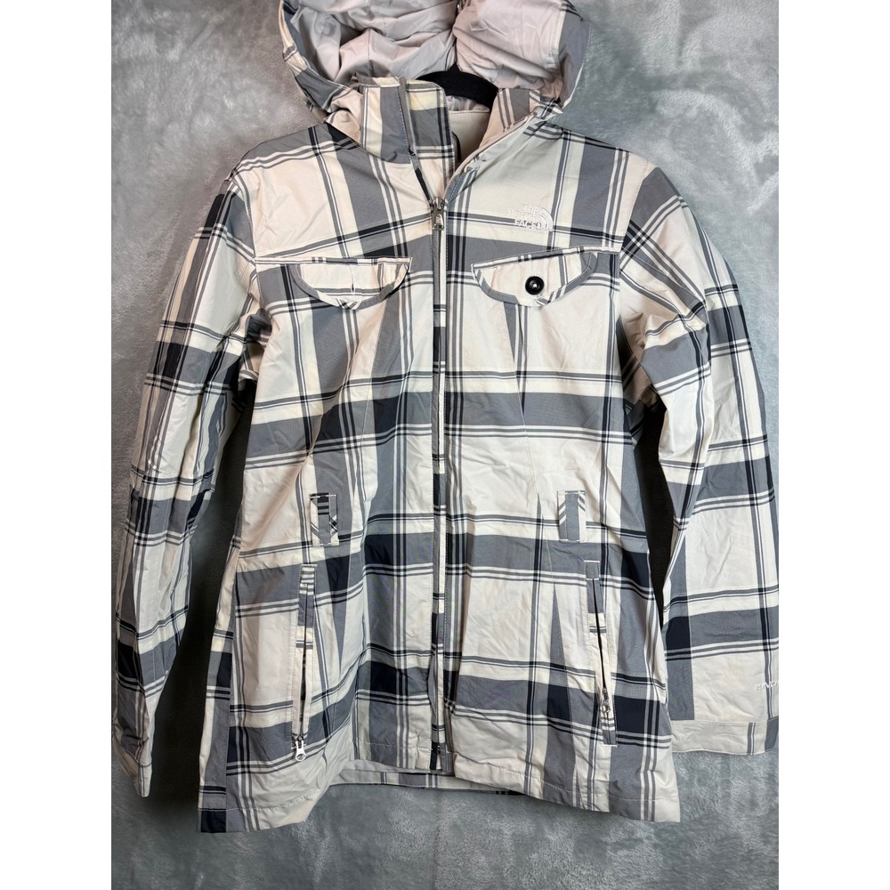 THE NORTH FACE Womens M Gray White Plaid HyVent Hooded Waterproof Ski Jacket